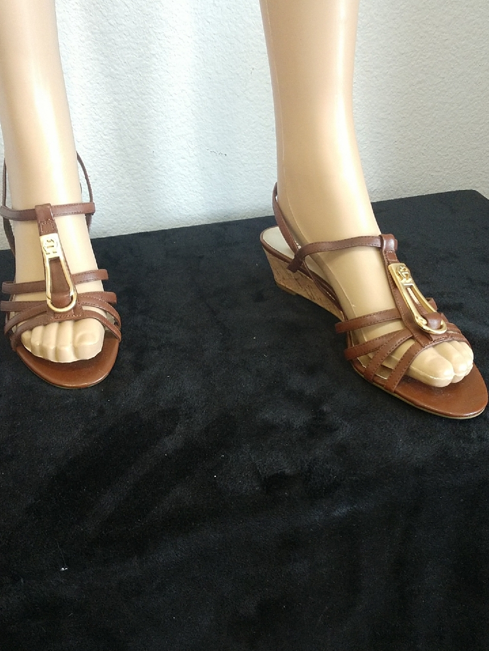 Etienne Aigner Brown Leather Strappy Wedge Sandals with Gold Hardware